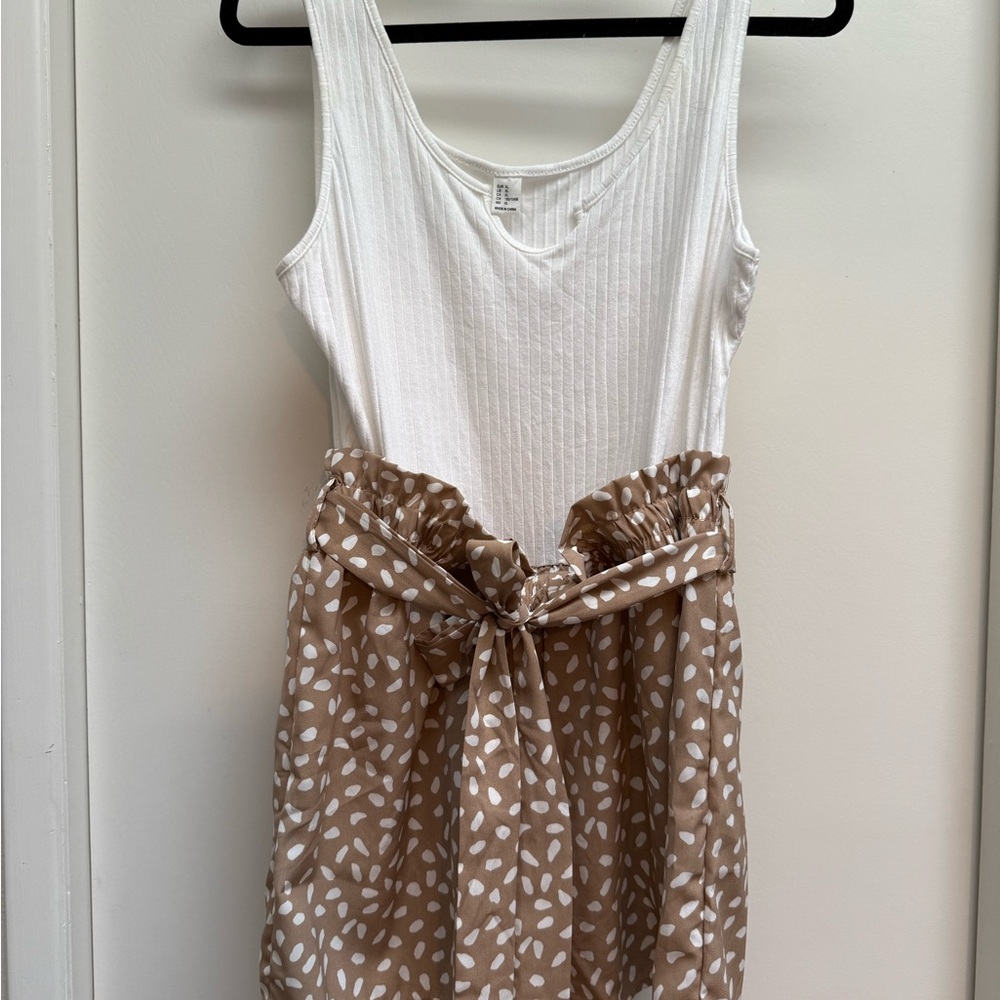 White and Tan Sleeveless one piece Romper with Bow and belt
